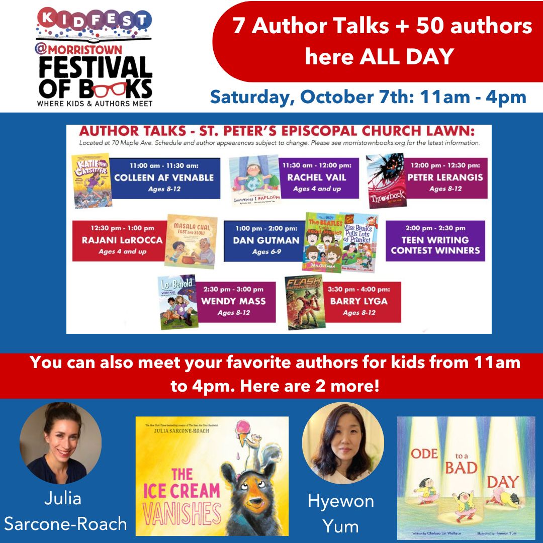 Come to Morristown, NJ Sat. 10/7 for the fabulous @MorristownBooks Festival! See my presentation at noon! Get books signed by your favorite authors (PERFECT holiday gifts, just saying). And be awed by Pulitzer Prize authors for grown-up readers. Details: morristownbooks.org