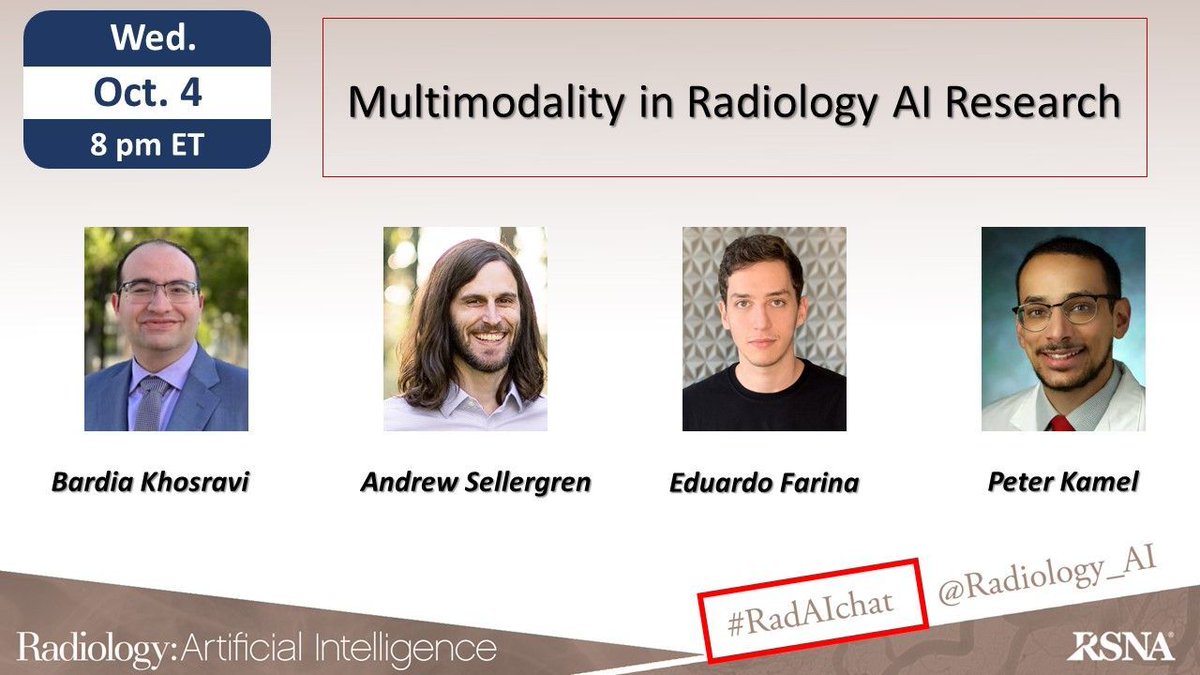 Radiology: Artificial Intelligence (@radiology_ai) on Twitter photo T - 1 hour: Don't miss tonight's #RadAIchat at 8 PM ET on "Multimodality in #Radiology #AI #Research" moderated by @khosravi_bardia and featuring <a href="/PeterKamelMD/">Peter Kamel, MD</a> <a href="/asellerg/">Andrew Sellergren</a> <a href="/eduardomjfarina/">Eduardo Farina</a> #radiomics #AI #ML #DL #radres <a href="/RSNA/">RSNA</a> <a href="/cekahn/">Charles Kahn, MD</a> <a href="/HElhalawaniMD/">Hesham Elhalawani</a> T - 1 hour: Don't miss tonight's #RadAIchat at 8 PM ET on "Multimodality in #Radiology #AI #Research" moderated by @khosravi_bardia and featuring <a href="/PeterKamelMD/">Peter Kamel, MD</a> <a href="/asellerg/">Andrew Sellergren</a> <a href="/eduardomjfarina/">Eduardo Farina</a> #radiomics #AI #ML #DL #radres <a href="/RSNA/">RSNA</a> <a href="/cekahn/">Charles Kahn, MD</a> <a href="/HElhalawaniMD/">Hesham Elhalawani</a>