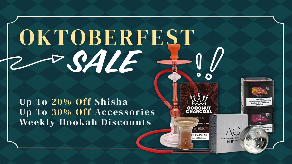 In honor of Oktoberfest, we are celebrating with an awesome sale taking place now through October 23rd 🎇 🍻  Take advantage of this sale and stock up on your favorite seasonal shisha 🎃 

Up to 20% Off Shisha
Up to 30% Off Accessories 
Weekly Hookah Discounts