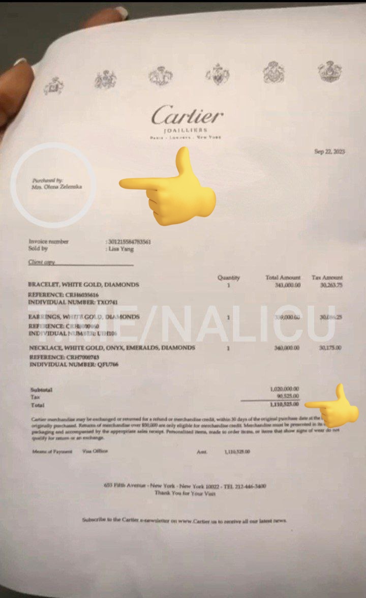在小泽赴纽约参加联合国大会时，小泽夫人叶莲娜在纽约卡地亚旗舰店买了一百万美金的首饰… 收据是接待总统夫人的营业员偷偷拍下来的，这个营业员随即被炒掉了…