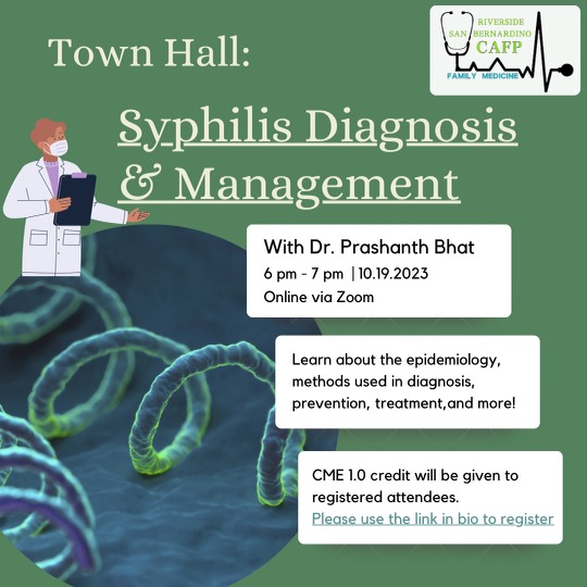 Interested in learning about syphilis diagnosis and treatment? Interested in free CME? Join your fellow RSB CAFP online via zoom! You won’t want to miss out!