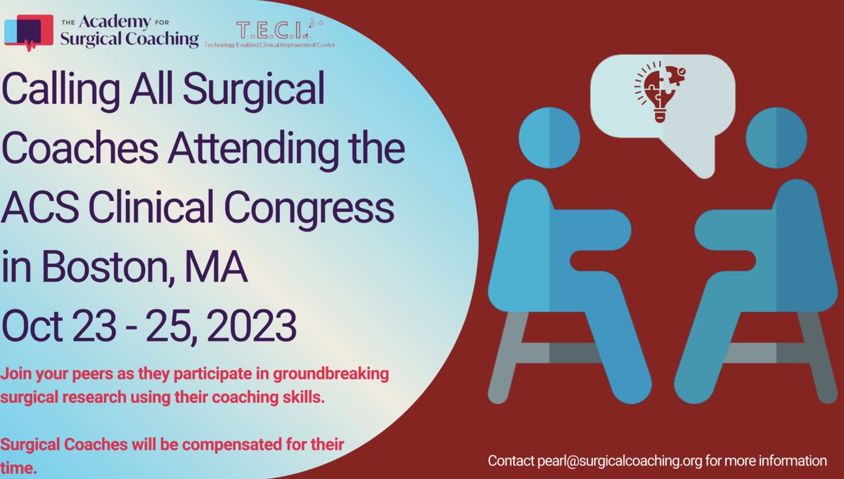 If you are a surgical coach & attending @AmCollSurgeons, pls sign up for our collab study w @TECICenter and @SurgeonCoaching! The goal of our project is to demonstrate the power of surgical data combined w coaching. You'll receive $125/hr stipend. Info in comments below: