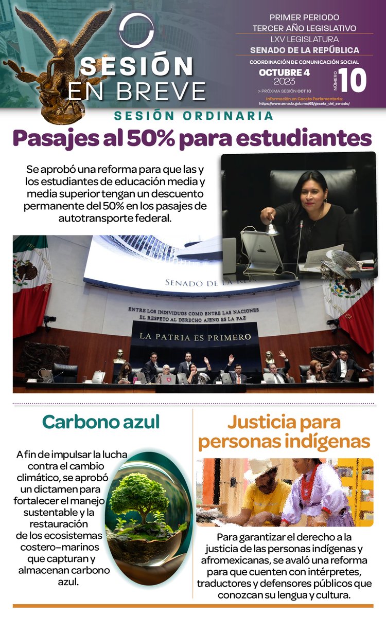 📌 El Senado aprobó reformar la Ley de Caminos, Puentes y Autotrasporte Federal para que los estudiantes de preparatoria y universidad tengan un descuento permanente del 50% en los pasajes de camiones.

Conoce lo más relevante en la #SesiónEnBreve.👇
comunicacionsocial.senado.gob.mx/multimedia/res…