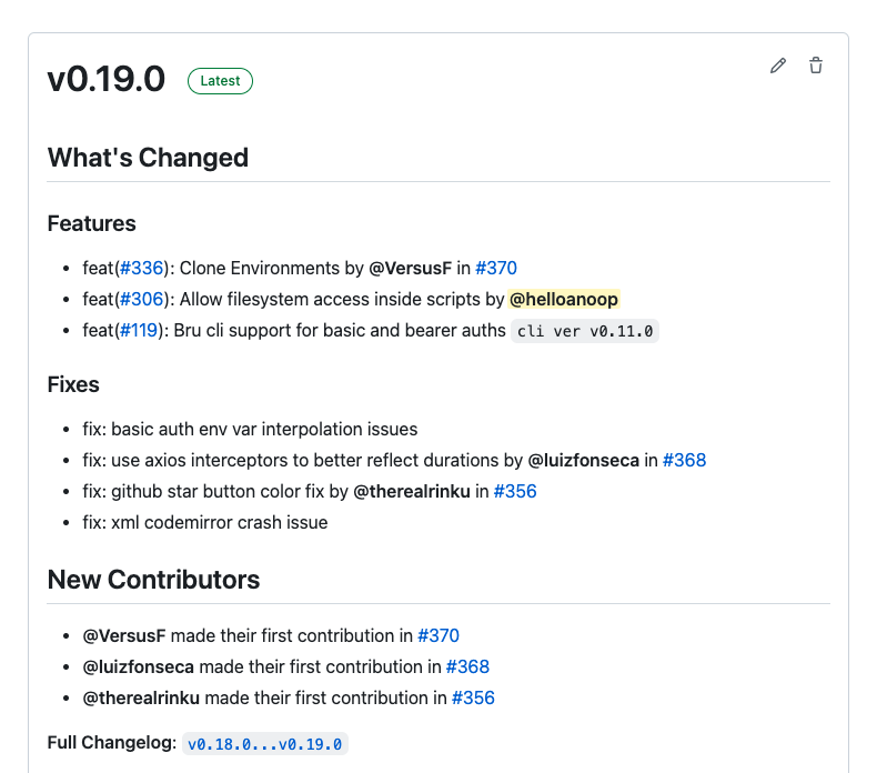 Bruno v0.19.0 is here 🎉🎉

🌐 Clone Environments
💻 Filesystem access inside scripts 
🔒 CLI support for Bearer and Basic Auth 
💅 Bug fixes and polishing.

Thank's to everyone who participated in the release

Release Notes: github.com/usebruno/bruno…