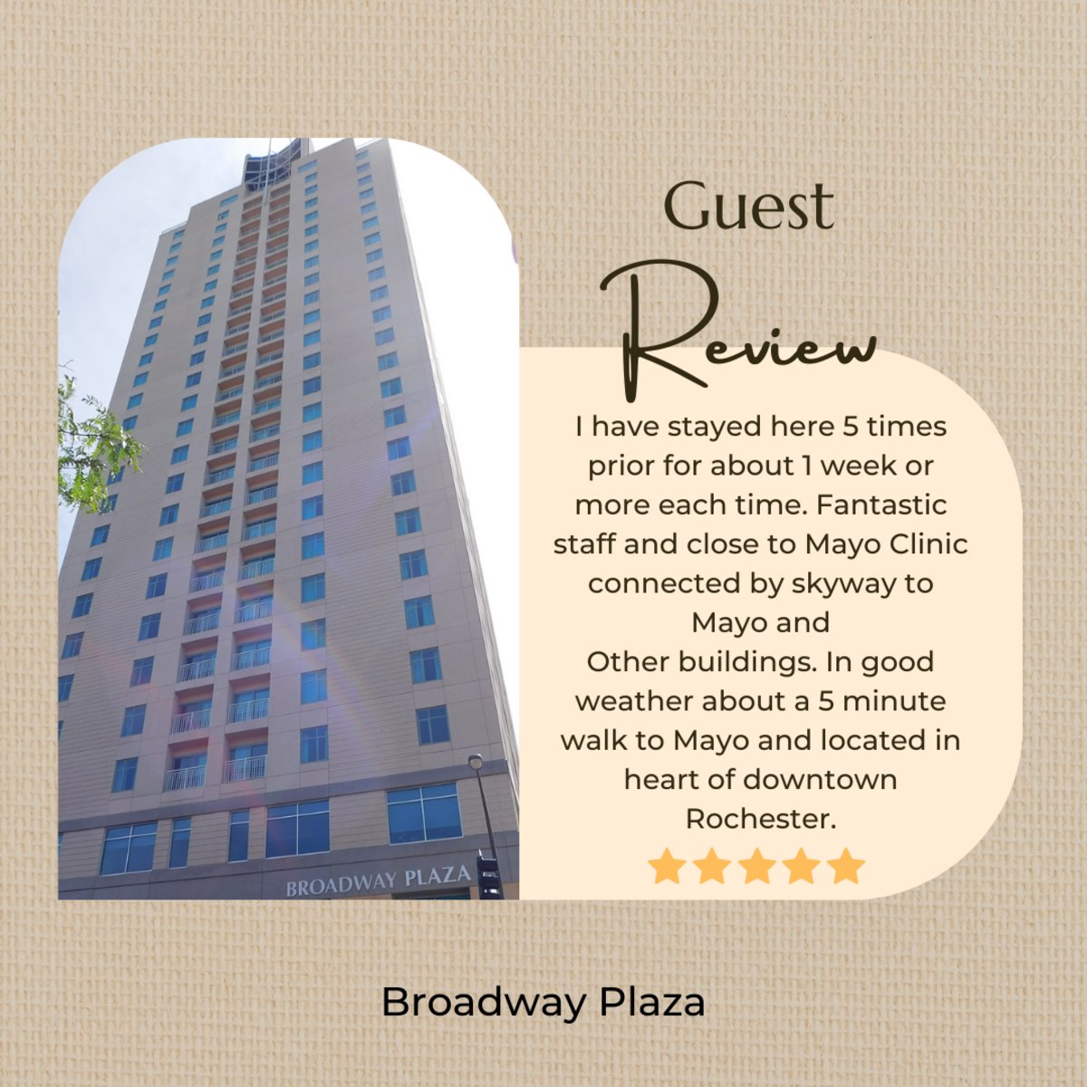 Repeat guests pay us the highest compliment, and we are so happy to hear that our convenient location keeps people coming back to #BroadwayPlaza. We are connected to the #Skyway, making it easy for guests to access the #MayoClinic and #DowntownRochester. bit.ly/2RKvGfi