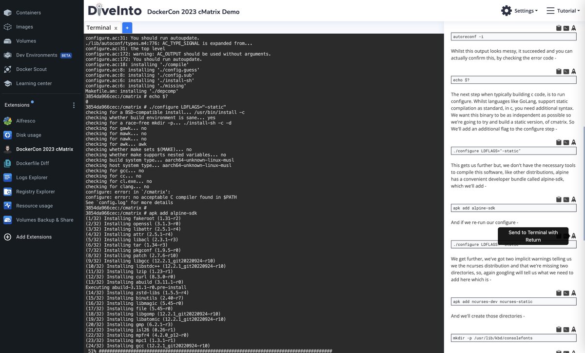 AngelBorroy's tweet photo. Amazing experience building the cMatrix screensaver @Docker Image with @jamesspurin step by step.
#DockerCon2023 https://t.co/ape5gVCrGB