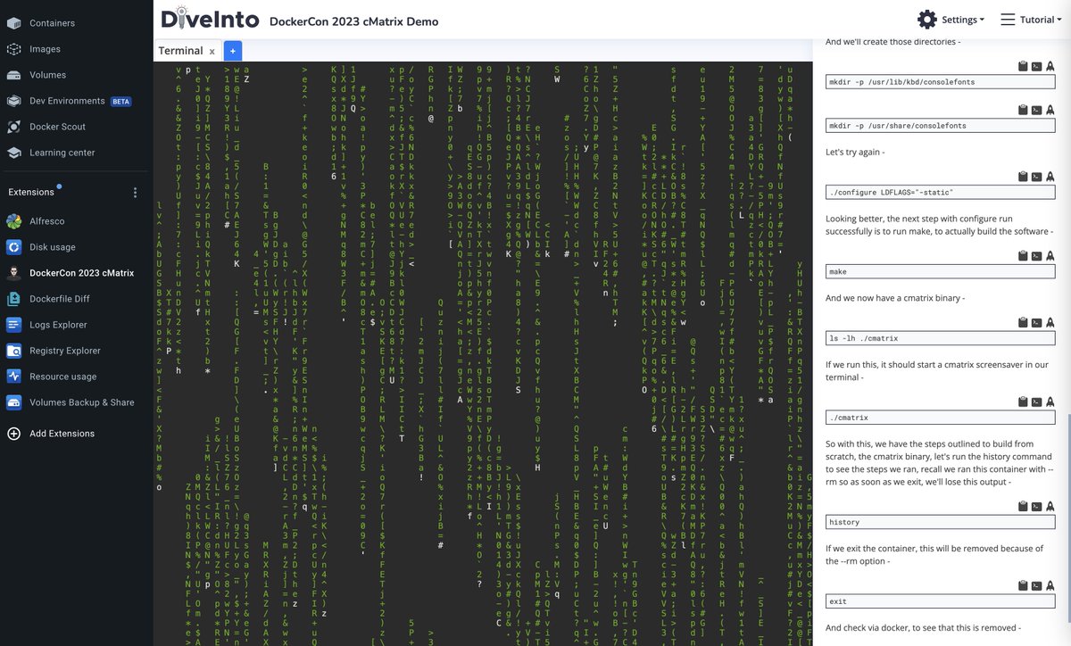 AngelBorroy's tweet photo. Amazing experience building the cMatrix screensaver @Docker Image with @jamesspurin step by step.
#DockerCon2023 https://t.co/ape5gVCrGB