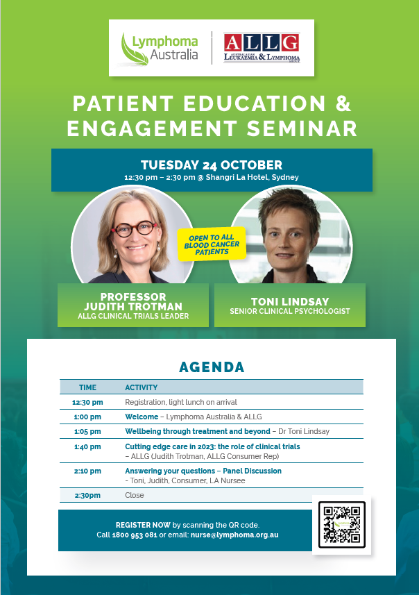 Join ALLG and @lymphomaOz for a Patient Education Forum with Toni Lindsay & Judith Trotman Hear from the experts about clinical trials & wellbeing through treatment All blood cancer patients are welcome on 24 Oct Register here >>> allg.org.au/patient-educat…