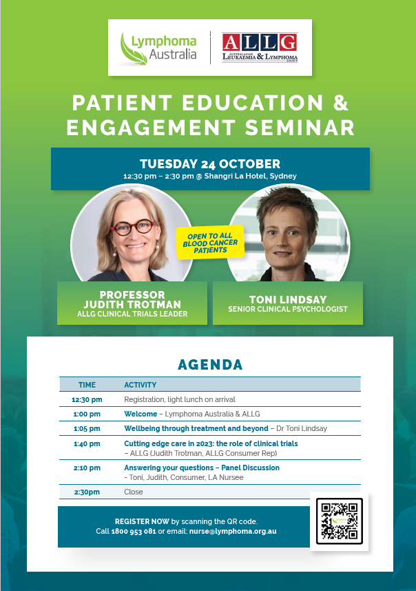 Australasian Leukaemia & Lymphoma Group (ALLG) (@allgtrials) on Twitter photo Join ALLG and <a href="/lymphomaOz/">Lymphoma Australia</a> for a Patient Education Forum with Toni Lindsay & Judith Trotman
Hear from the experts about clinical trials & wellbeing through treatment
All blood cancer patients are welcome on 24 Oct Register here >>> allg.org.au/patient-educat… Join ALLG and <a href="/lymphomaOz/">Lymphoma Australia</a> for a Patient Education Forum with Toni Lindsay & Judith Trotman
Hear from the experts about clinical trials & wellbeing through treatment
All blood cancer patients are welcome on 24 Oct Register here >>> allg.org.au/patient-educat…