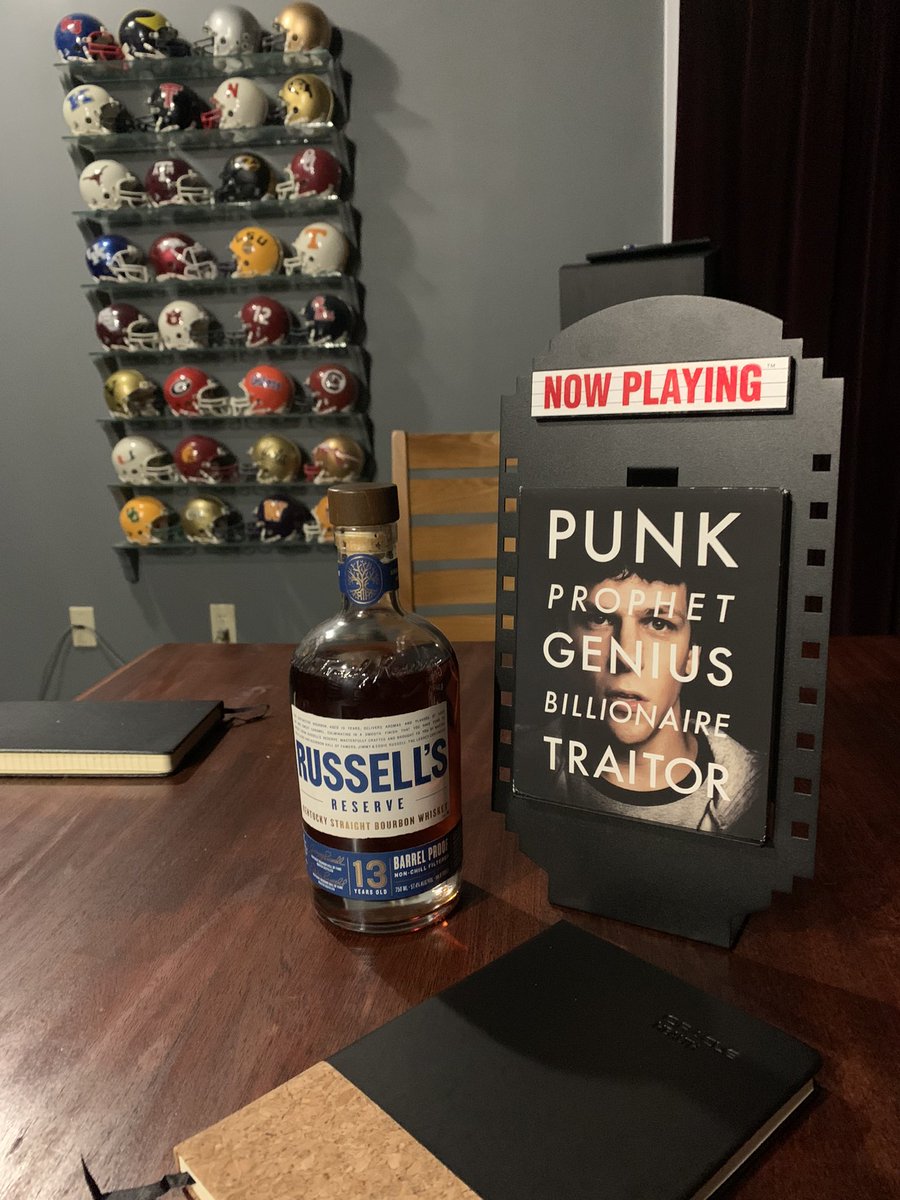 LarryEngland19's tweet photo. In honor of David Fincher’s new release The Killer, tonight’s pairing is Russell’s Reserve 13 with The Social Network. Thoughts on movie and bourbon? Which is better? https://t.co/te6ZBOkXNb