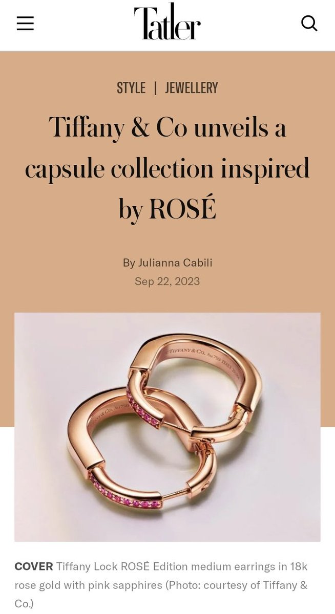 Tiffany and Co. unveiled a new and exclusive capsule inspired by the artistry and name of global music sensation Rosé. —@TatlerAsia

TIFFANY LOCK ROSÉ EDITION
#ROSÉ #TiffanyxROSÉ @TiffanyAndCo