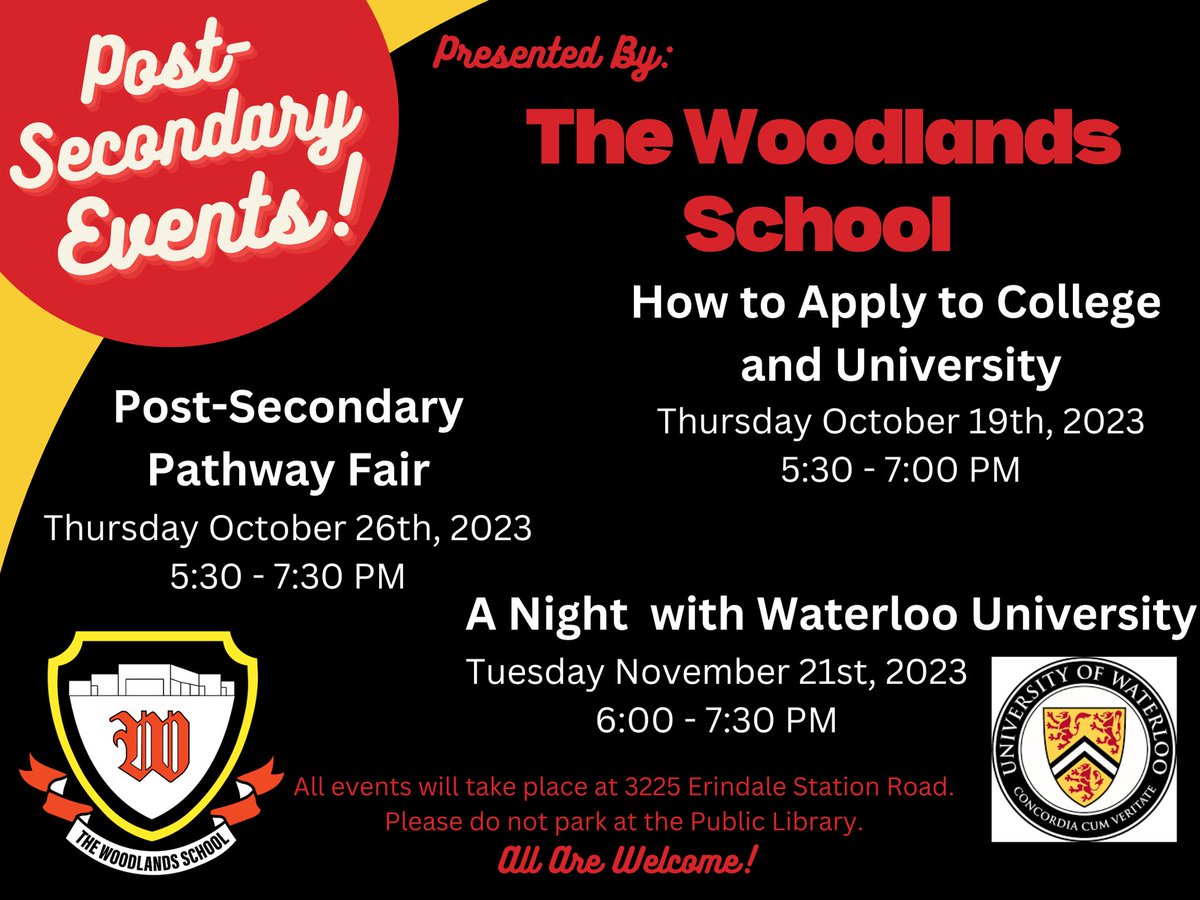 Save the Date! 
We've got three Post-Secondary events coming up! Be sure to mark them in your calendars. 
All are welcome, it's never too early to start planning! <a href="/woodlandsrams/">The Woodlands School</a> <a href="/thewoodlandsELP/">The Woodlands ELP</a>
