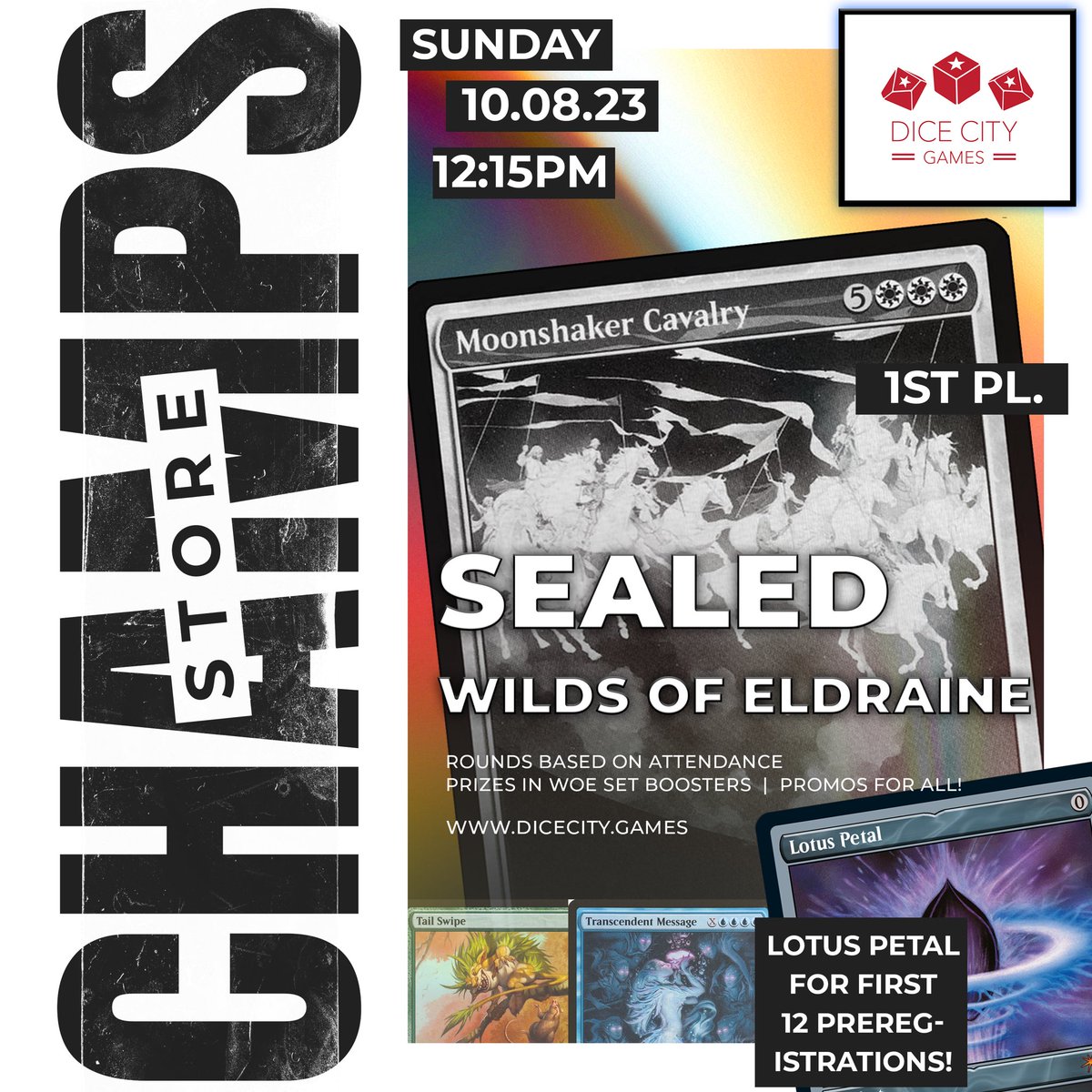 dicecitygamesdc's tweet photo. Come on out this weekend for #WOE Sealed #StoreChamps to win big prizes and bet entered in our silver Lotus Petal raffle. This is one of our community’s favorite #MagicTheGathering sets lately. Call to #preregister! https://t.co/WuEZqPGTGV