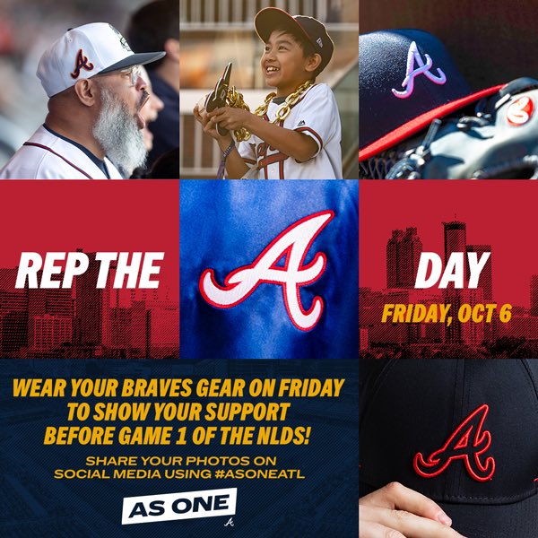 Atlanta Braves on X: 🚨 BRAVES COUNTRY 🚨 Rep the A with your favorite Braves  gear this FRIDAY 10/6 as we get ready for the NLDS! #AsOneATL   / X