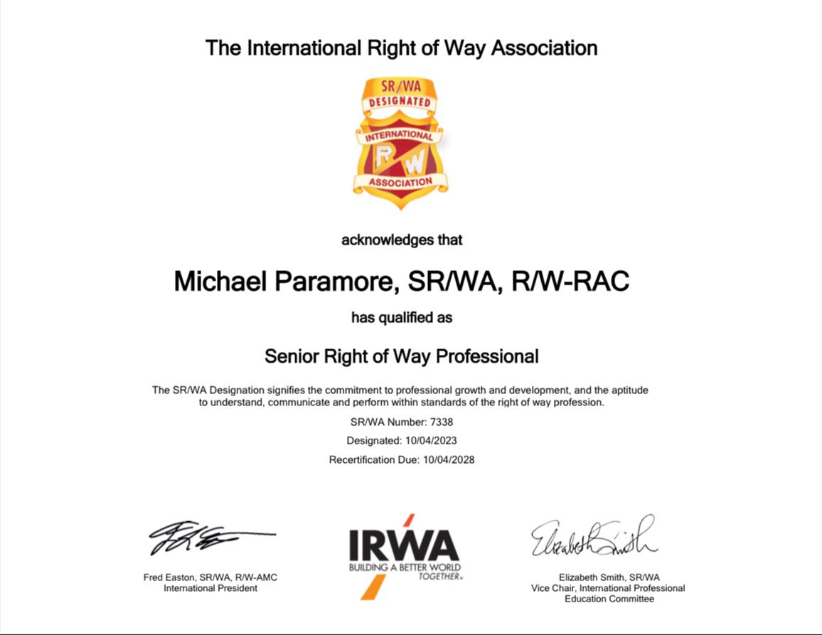 Our very own Michael Paramore has earned the <a href="/IRWA_Network/">IRWA</a>’s highest designation.  He is an SR/WA!!!  Congrats, Michael!  Well-deserved!!