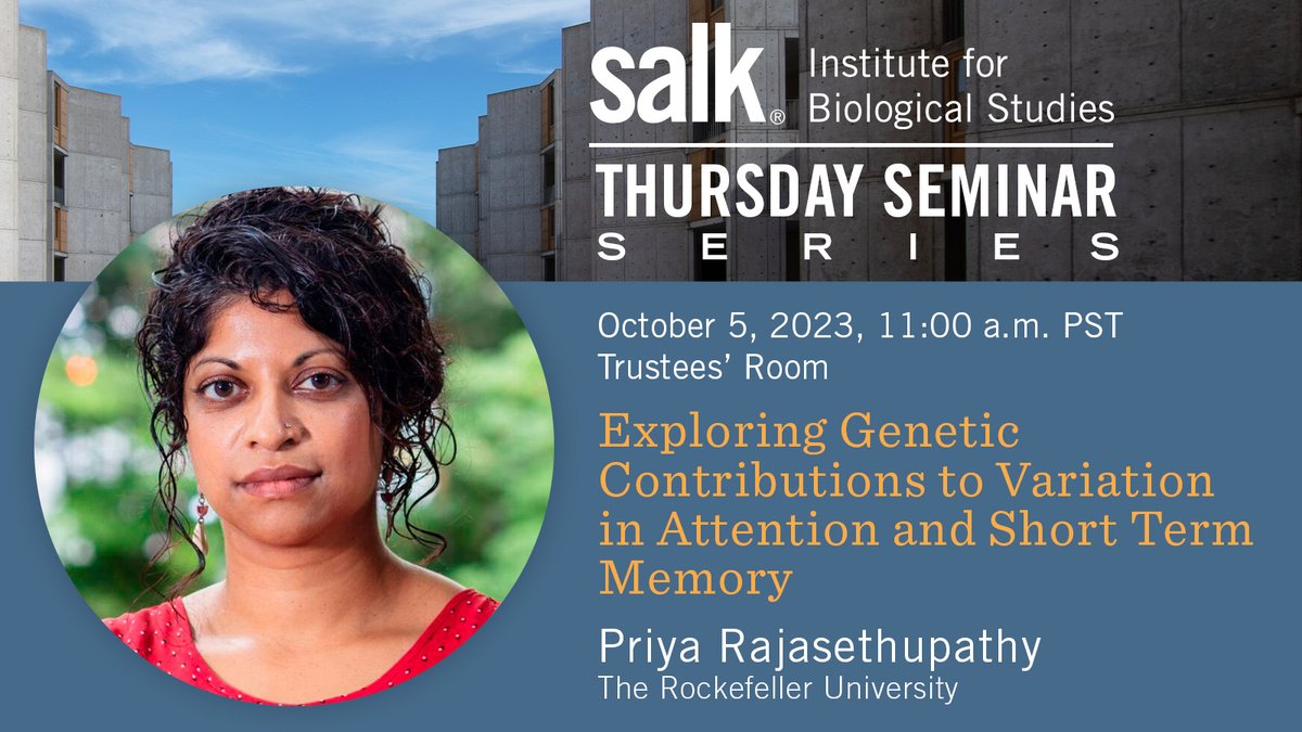 Salk Institute (@salkinstitute) on Twitter photo Curious about the fascinating world of memory and genetics? 🧠 Join us tomorrow for a deep dive into how genetics contribute to variations in short-term memory and attention with a talk by Priya Rajasethupathy from <a href="/RockefellerUniv/">Rockefeller University</a>.
🌟🧬 Hosted by <a href="/eazim/">Eiman Azim</a> Curious about the fascinating world of memory and genetics? 🧠 Join us tomorrow for a deep dive into how genetics contribute to variations in short-term memory and attention with a talk by Priya Rajasethupathy from <a href="/RockefellerUniv/">Rockefeller University</a>.
🌟🧬 Hosted by <a href="/eazim/">Eiman Azim</a>