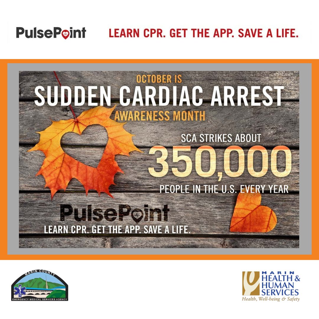 MarinHHS's tweet photo. #SuddenSunday: Nearly 1000 people die every day in the U.S. from sudden cardiac arrest. This Sudden Cardiac Arrest Awareness Month learn CPR from Marin Medical Reserve Corps https://t.co/im5st8NzfP), download the @pulsepoint app & help save a life. @1000livesaday #SCAAMonth https://t.co/HM6wQnuH7e