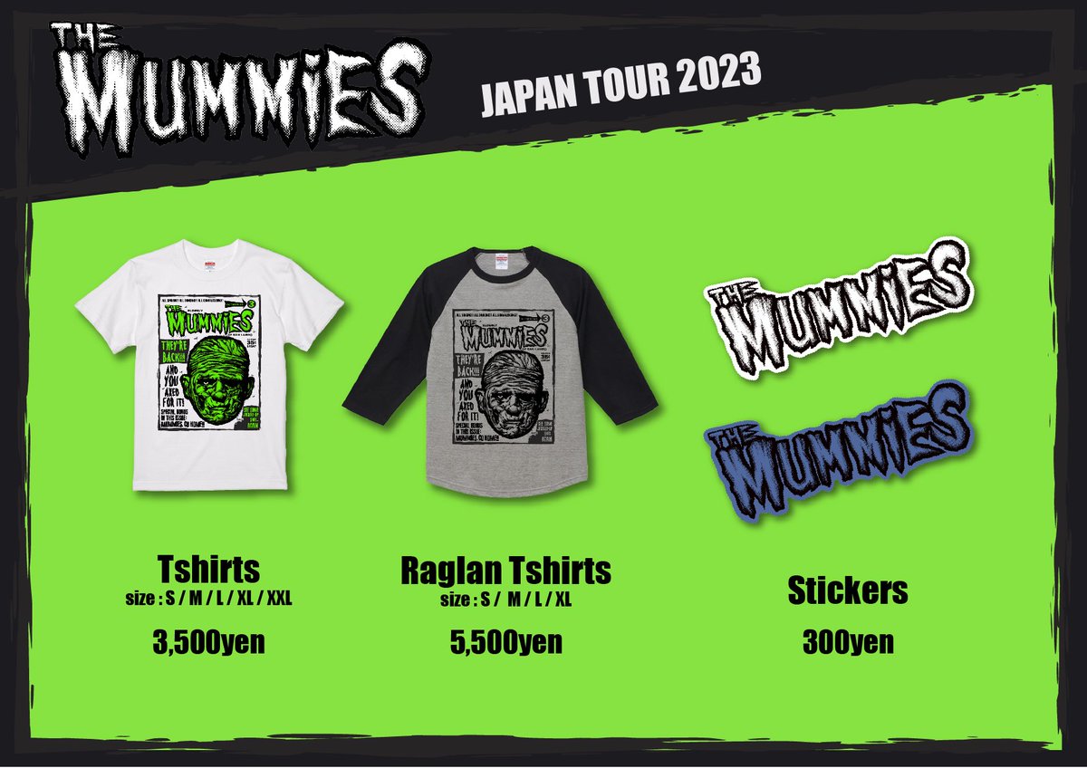 GuitarWolfJet's tweet photo. The Mummies ツアー物販情報

ラグランXL 5枚を残して、グッズは全てソールドアウト！
来日記念に、会場にて予約販売を行います！

会場物販にて予約表を記載の上、お支払いしていただき、10月中旬以降に発送いたします！ https://t.co/SOSEBHApVz