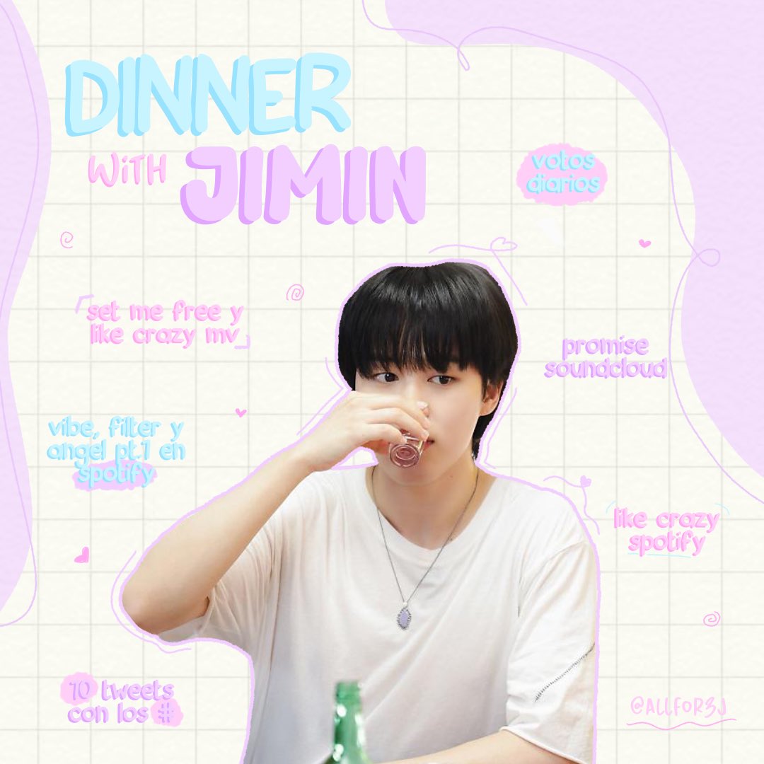 allfor3J's tweet photo. — dinner with jimin !

holaa aquí les dejo la dinámica de hoy para aumentar el stream y menciones de jimin ♥︎ ojalá puedan unirse 

방탄소년단 지민 #JIMIN #지민 @BTS_twt https://t.co/NAWDVvUgSW