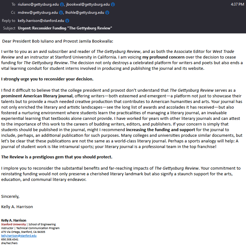 harrison_kelly's tweet photo. @GburgReview Done. I hope it helps. Letter below in case anyone needs inspiration. #savegettysburgreview https://t.co/H2n16XKNJK