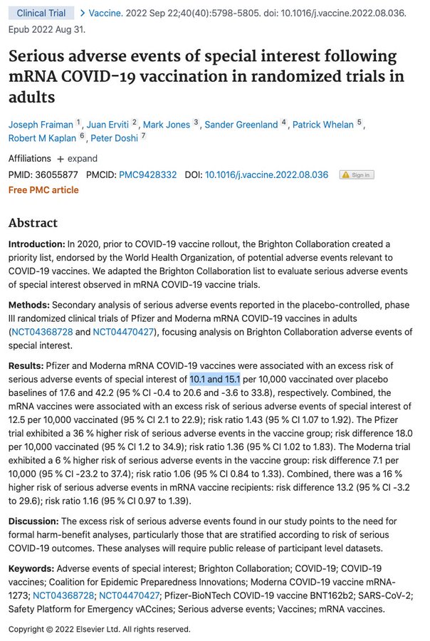 Landmark paper shows COVID vaccine has 1/800 severe adverse event rate

Rotavirus vaccine was pulled from market for 1/10,000 adverse events

Swine flu vaccine was pulled for 1/100,000

As far as vaccines go, the COVID vaccine adverse event rate is historically extremely high