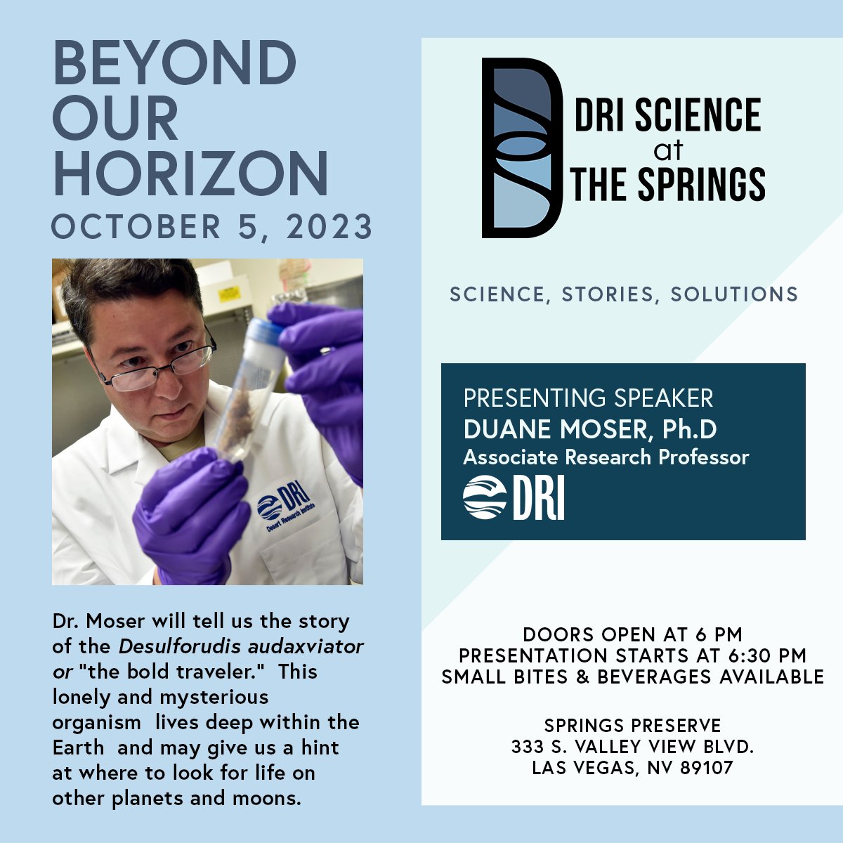 DRIScience's tweet photo. #DRIscience at the Springs will take you on a journey to explore the beyond on Oct. 5 at @SpringsPreserve. Dr. Duane Moser will join us to share his research into subsurface microbes which can provide an analog for exploring life beyond Earth. Tickets: https://t.co/XcS222kcMw https://t.co/2FWYt6gFuH