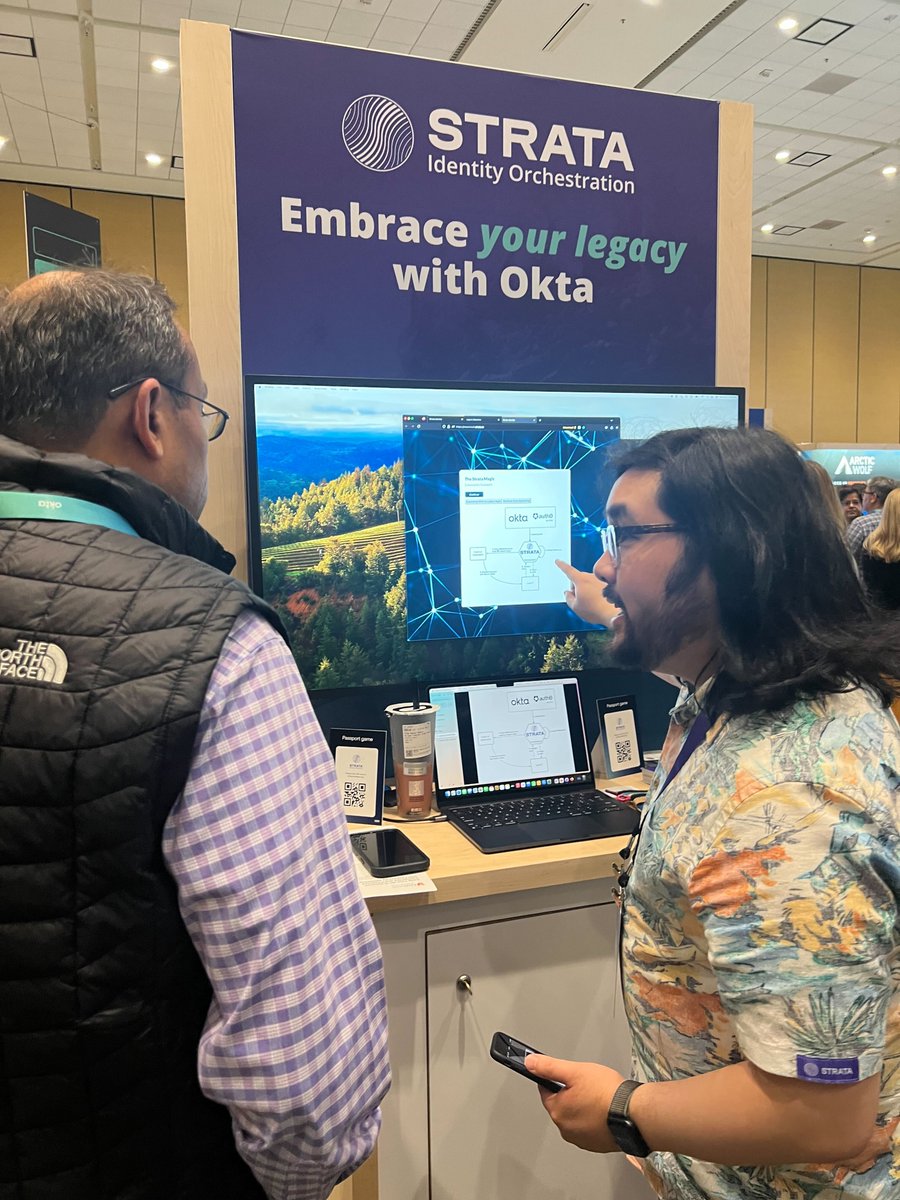 StrataIdentity's tweet photo. @StrataIdentity is at #Oktane23 booth EM13, helping organizations extend Okta to their legacy apps. A big shoutout to @okta for the invite and to all the amazing Okta customers who have come by to learn about #IdentityOrchestration. Join our Identity Hero Happy Hour tonight! https://t.co/vvecPARR68