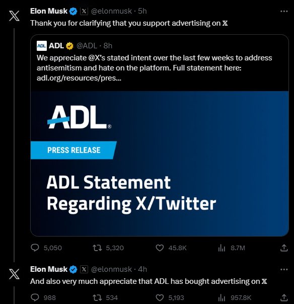 c14english's tweet photo. ✡️🇺🇸 Elon Musk confirms all his accusations against the ADL were about money and not Free Speech as he previousely claimed. #StandWithADL https://t.co/vcu4nDFtOA