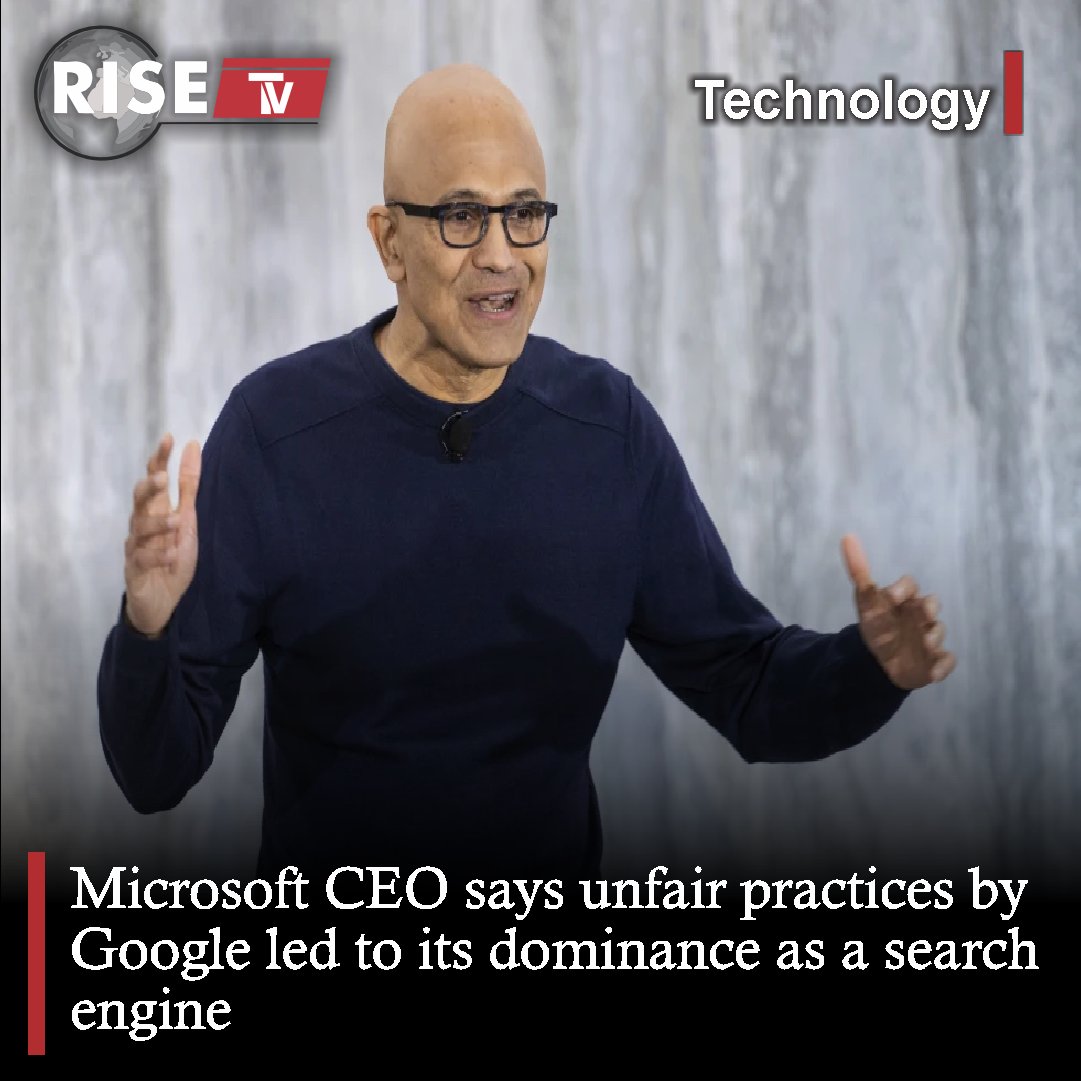 RiseTv_Global's tweet image. 💻 Microsoft CEO Satya Nadella testifies that Google&apos;s unfair tactics led to its search engine dominance, hindering competition for Bing. This testimony is part of a landmark antitrust trial against Google&apos;s parent company, Alphabet. #GoogleAntitrustTrial #SearchEngineCompetition