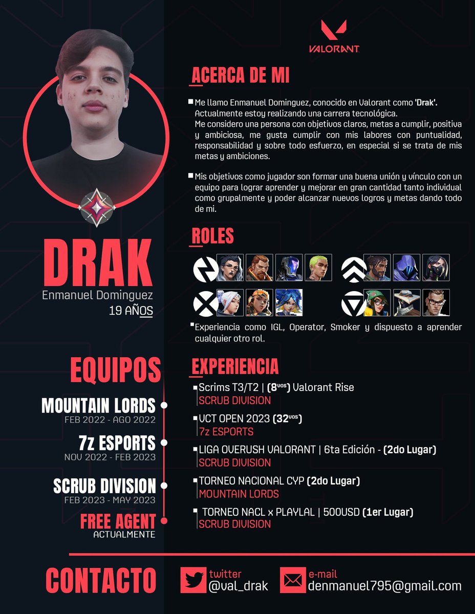 Actualizo mi CV para anunciar que sigo Free Agent en búsqueda de un equipo para volver a competir.

 » Flex.
 » Experiencia en competiciones contra T3 y T2.

Priorizo ofertas en Colombia y de Orgs con trayecto y propuesta de valor.

RT🔁 y ❤️ se agradecen.