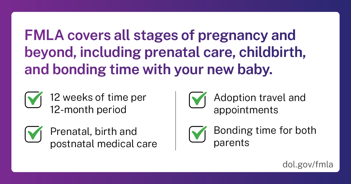 WHD_DOL's tweet photo. Did you know? The Family and Medical Leave Act (FMLA) has your back through every stage of pregnancy and beyond – from prenatal care to childbirth and precious bonding time with your new arrival. https://t.co/8r04OOM4fU
#WorkAndFamilyMonth #FMLA #WorkersRights https://t.co/dwt0MGLaZZ