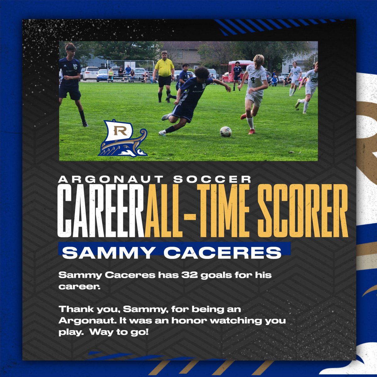 RHSArgonauts's tweet photo. Tonight's match did not go as planned. So let's celebrate the setting of our all-time career scoring record.  Congratulations, Sammy Caceres, on a wonderful Argonaut soccer career. He set the all-time scoring mark to 32 goals. Way to go!  #GoArgonauts  @RiversideHSIndy https://t.co/ccnvAc4PYc