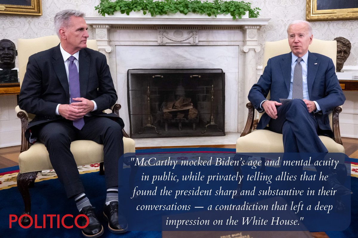 ChrisDJackson's tweet photo. 🚨 MCCARTHY PRAISED BIDEN'S SHARPNESS IN PRIVATE

This story is just another reason why Democrats should not have helped save McCarthy. Unfortunately, this is who Republicans are. 

POLITICO: "McCarthy mocked Biden’s age and mental acuity in public, while privately telling allies that he found the president sharp and substantive in their conversations — a contradiction that left a deep impression on the White House."