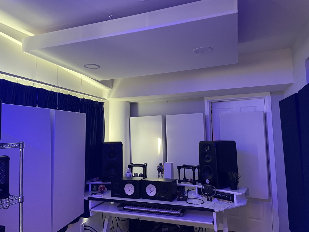 In tricky situation? With us there’s always a solution! We creating audio symmetry as much as possible while allowing easy access to the door to the vocal booth! Here is our Cloud LED Color Changing Lights  #basstraps #acousticpanels  #soundpanels #studiorecordings #homestudio