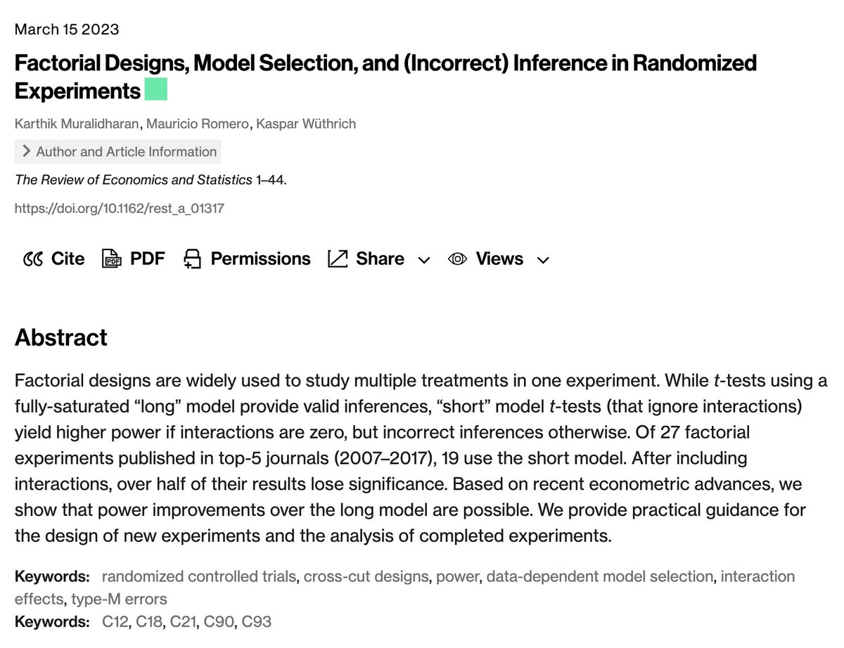 Common misconceptions around regressions with interactions are causing us to systematically over-detect treatment effects! Especially in multi-armed RCTs!! Amazing work by @marome1 @karthik_econ and @wuthrich_k Published in Restat & full text here: mauricio-romero.com/pdfs/papers/Fa…