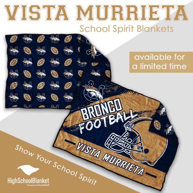 Vista Murrieta Football Blankets are now IN STOCK!!! Come by during the Frosh/JV games tomorrow and pick one up. These blankets are awesome. 

#HighSchoolBlankets #tagyourblanket #BroncoNation #THEVistaMurrietaHighSchool