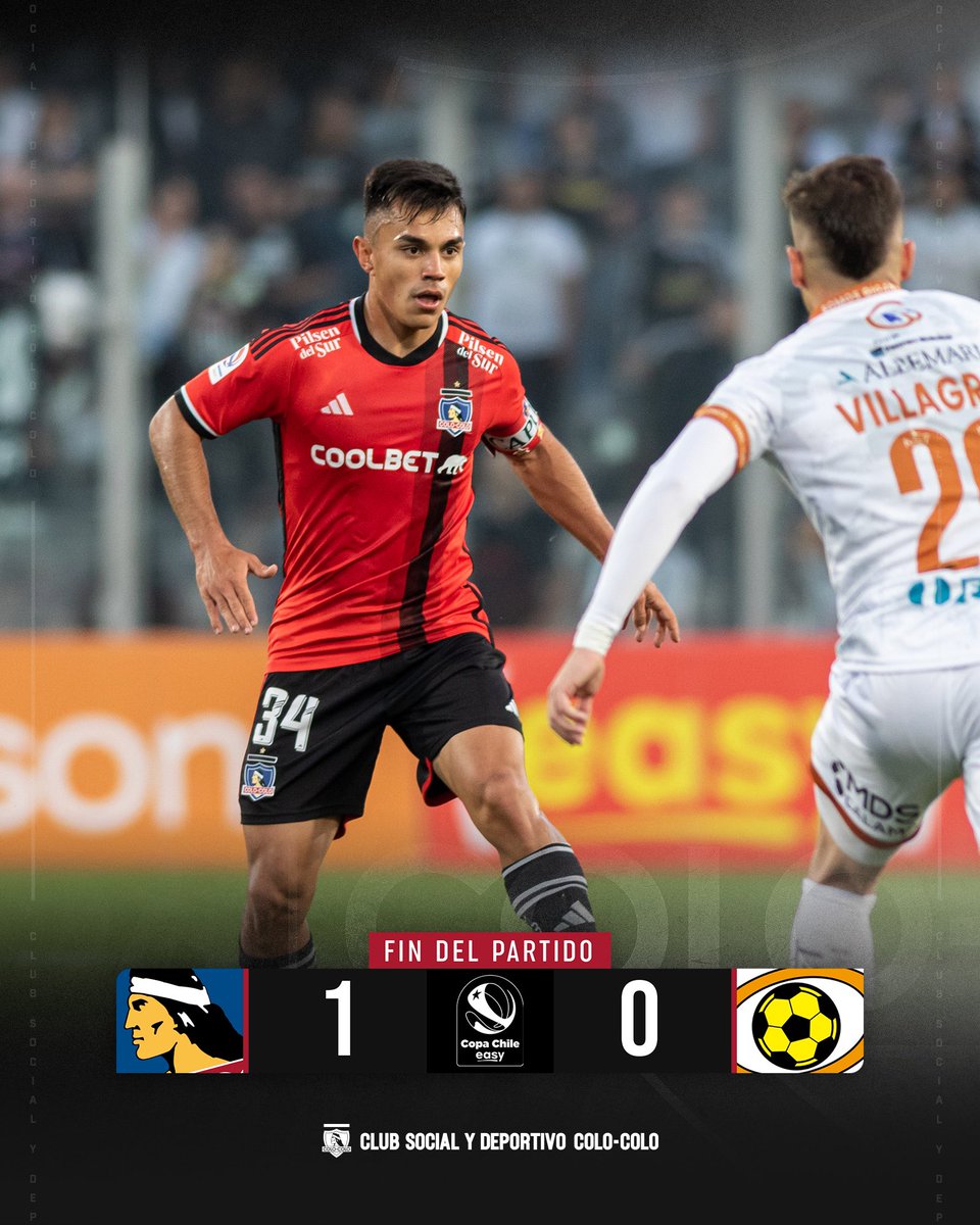 CSDColoColo's tweet photo. 𝐅𝐈𝐍𝐀𝐋 𝐃𝐄𝐋 𝐏𝐀𝐑𝐓𝐈𝐃𝐎 🫶🏽⚽️
El Cacique vence por la cuenta mínima a Cobreloa en el Estadio Monumental y saca pasajes a la final de la Copa Chile 🏆🇨🇱
⚽️ Maximiliano Falcón 3️⃣7️⃣
¡𝐕𝐚𝐦𝐨𝐬 𝐩𝐨𝐫 𝐮𝐧𝐚 𝐧𝐮𝐞𝐯𝐚 𝐜𝐨𝐩𝐚! 🤟🏽🤍🖤 https://t.co/4gY7xFodop