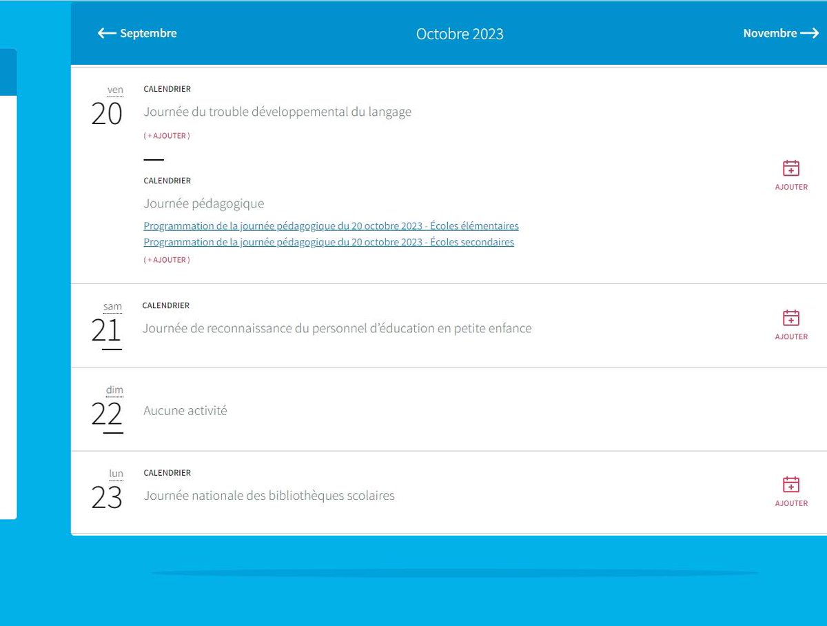 Les contenus détaillés de la journée pédagogique à venir du 20 octobre sont affichés sur le site web du conseil <a href="/CSViamonde/">CS Viamonde</a> au niveau du calendrier d’activités en cliquant sur la date du 20 octobre :
csviamonde.ca/fileadmin/user…