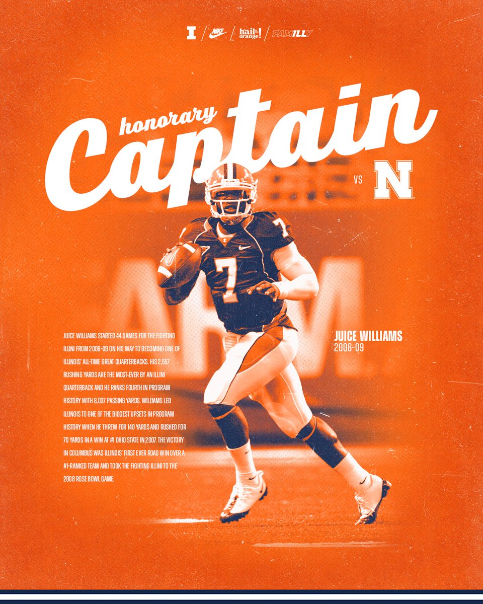 Honorary Captain: <a href="/juicewilliamsqb/">Juice Williams</a>
🔸 No. 1 in rushing yards by an Illini quarterback with 2,557 yards
🔹 Led Illinois to their first-ever road win over a No. 1 ranked team 
🔸 Ranks 4th in all-time passing yards with 8,037 yards

#Illini // #HTTO // #famILLy