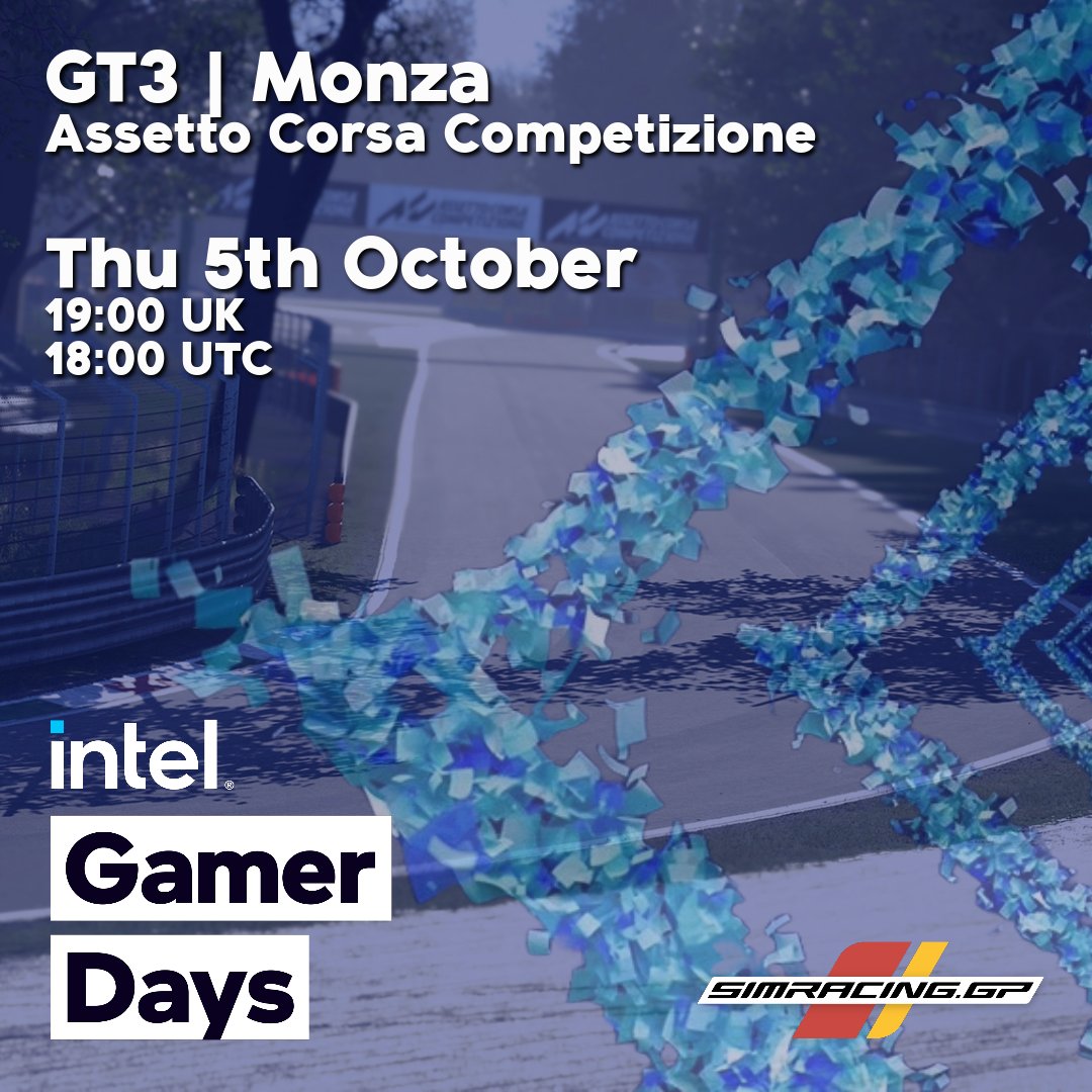 SimracingGP's tweet photo. 🚨 Reminder! 🚨

We hit the track in the next @inteluk  Gamer Days event later today! 

This fun event is definitely one not to be missed! You can secure your spot on the grid here: https://t.co/1lNLRza67X

#SimRacing #ESports #SGP #IntelUK #IntelGamerDays #BeACC https://t.co/TmWJkfSVIi