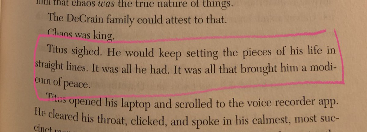 @EkpeUdoh On pg 33, Titus is talking about finding order by being meticulous with his closet, desk, etc. It made me think about what I do to try to maintain order in my life when everything feels chaotic. What do you do, if anything, that helps you feel control ? #Ekpesbookclub