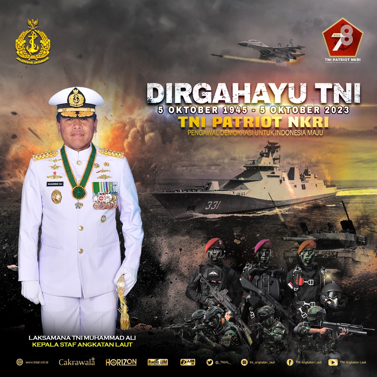 _TNIAL_'s tweet image. DIRGAHAYU TENTARA NASIONAL INDONESIA
5 Oktober 1945 - 5 Oktober 2023

TNI PATRIOT NKRI
Pengawal Demokrasi Untuk Indonesia Maju

#jalesvevajayamahe #tnial #indonesiannavy #muhammadali #laksamanamuhammadali #tni #hut78tni #dirgahayutni #tnipatriotnkri #nkrihargamati