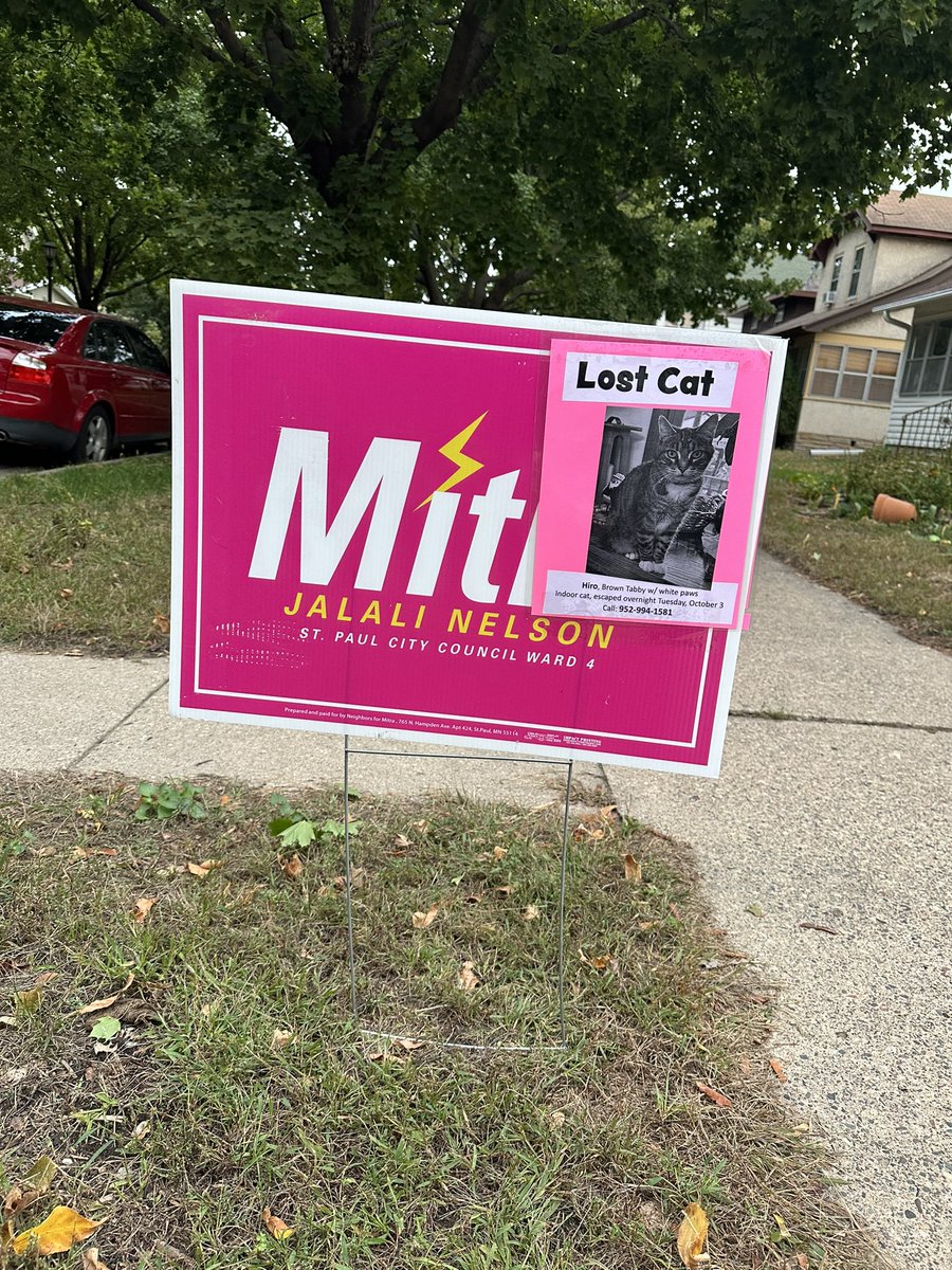 RachMWeeks's tweet photo. Needed something quick to put out a lost cat sign; found an old @mitrajunjalali lawn sign in the basement. Perfect. “Watch for our kitty! Also vote for Mitra.” Both and. https://t.co/ucYwU5lnFO