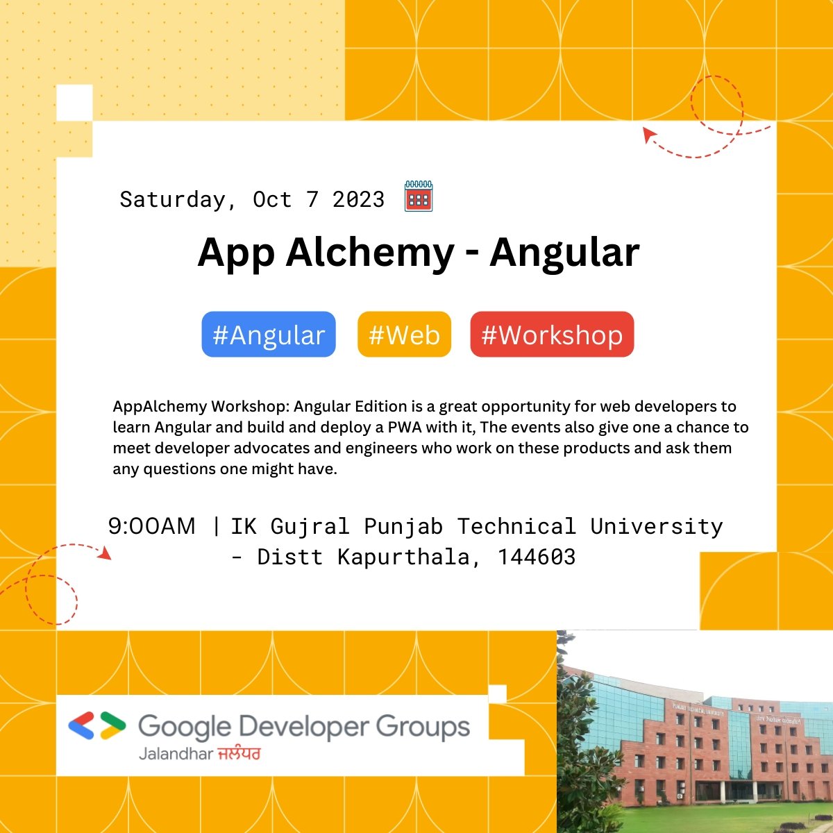 GDGJalandhar's tweet image. 🚀 Get ready to dive into the world of #WebDevelopment!
Announcing
🎉 AppAlchemy - Angular Edition 🎉
Learn the magic of #AngularFramework on Oct 7, 2023 at IK Gujral PTU. 💡
Register now 👇 gdg.community.dev/e/mnufv2/
 #GDGJalandhar #AppAlchemyAngular #Angular #Workshop