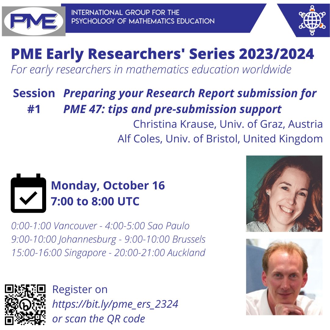 Here we go again! In behalf of the International Group for the Psychology of Mathematics Education (IG PME), we're organizing a new version of the PME Early Researchers Series for early career researchers in mathematics education worldwide. #AcademicTwitter #phdchat