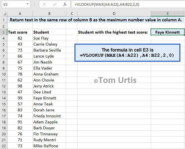 TomUrtis's tweet image. Lookup highest number in one column to return value in the cell on that same row in another column.
