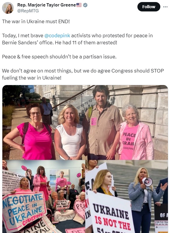 PostLeftWatch's tweet photo. CODE PINK and Marjorie Taylor Greene have joined forces.

Whatever perceived leftist credibility CODE PINK still might have had is completely gone. https://t.co/lxp9FQ3Qap
