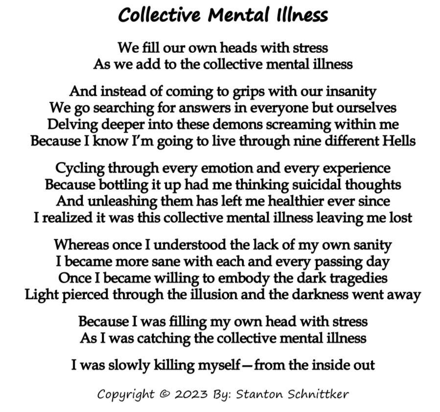 stanton_2o's tweet photo. Collective Mental Illness
Daily Post #476
-
#MentalIllnessAwarenessWeek #mentalillness #mentalhealth #artist #art #selfhelp #selfcafe #writer #writing #poetry #poet #poets #poem #poems #FYP #foryou #foryoupage #foryourpage #insanity #sane #SuicideAwareness #PoemADay #amwriting https://t.co/cDz3y8Grds