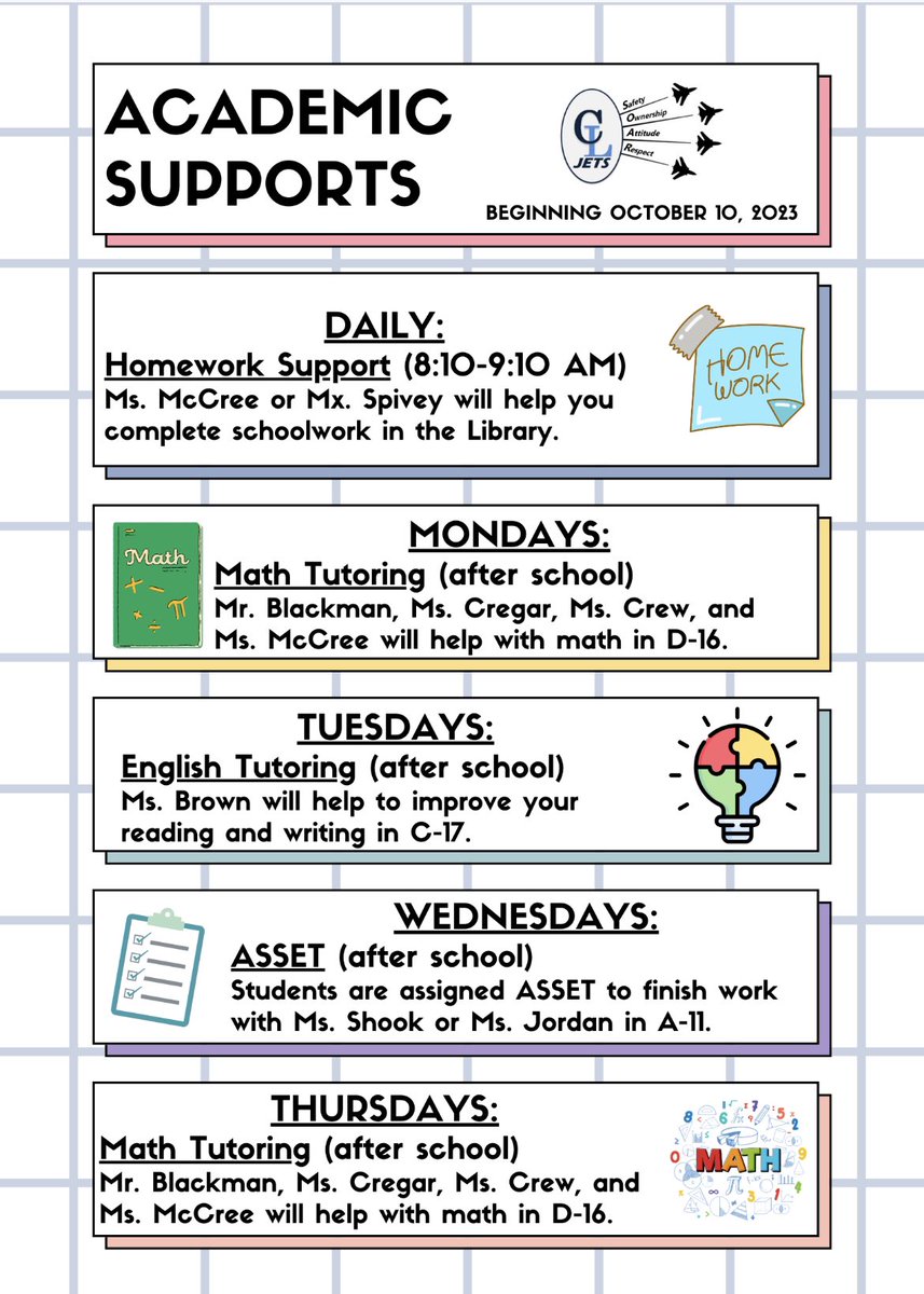 Jets- come and get support to help you soar to success! See your teacher to sign up for after school tutoring. #soarlikeajet