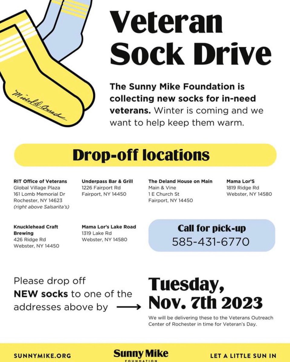 Sunny Mike is holding our annual sock drive! We will be donating new socks to @voc_roc on Veterans Day! It is interesting that  socks are the most requested piece of clothing for veterans. You can drop off new socks at the locations.#letalittlesunin#oneveteranatatime